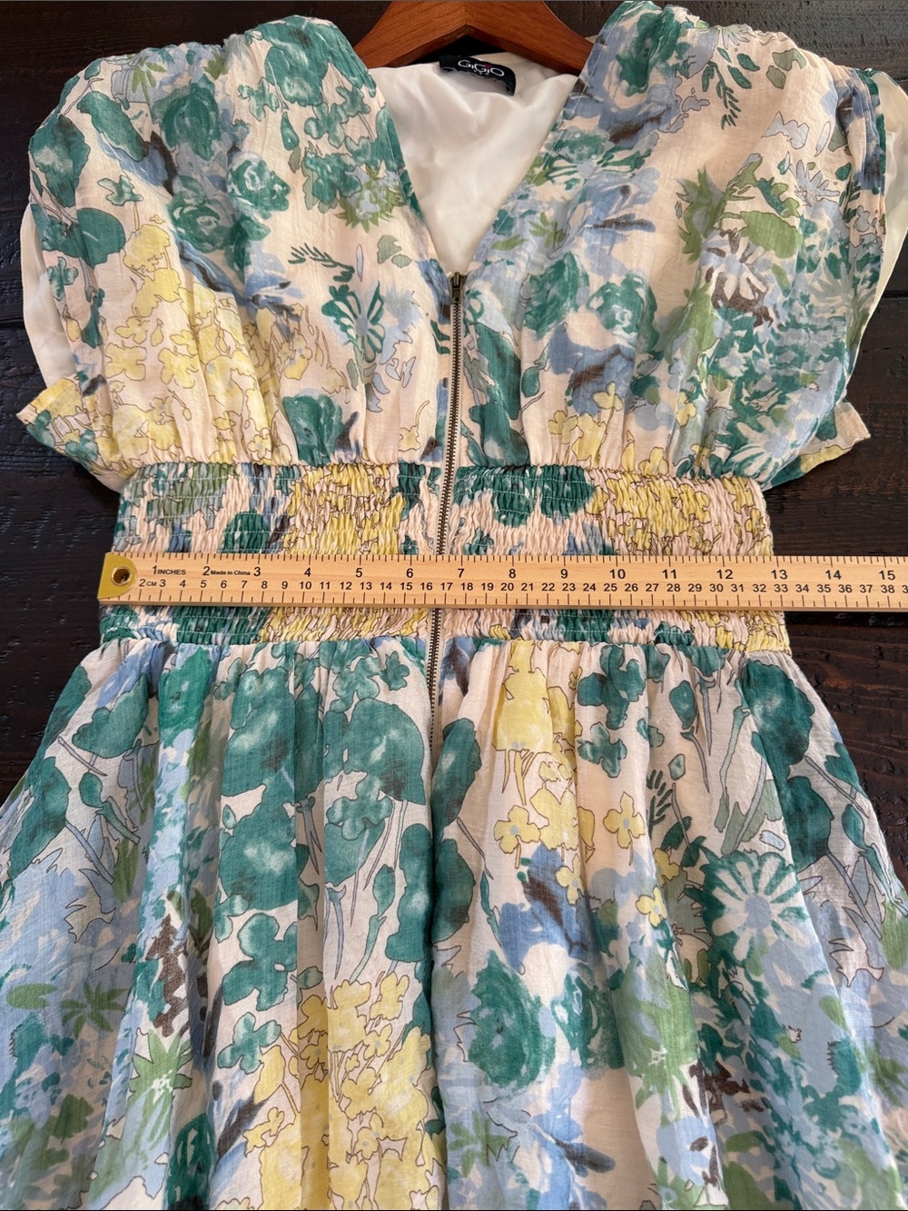 Gigio USA Floral Midi Dress Smocked Waist Zip Front Blue Green Medium - Picture 8 of 14